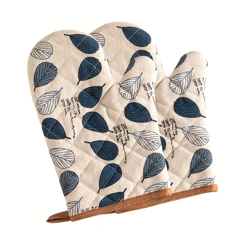 2pcs Premium Thickened Denim Leaf Pattern Oven Mitts